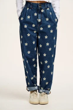 Lucy & Yak Addison - Tapered Denim Jeans in Mid Wash with Daisy Embroidery Hot