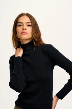 Lucy & Yak Aiden - Roll Neck Knitted Cotton Top in Black Discount