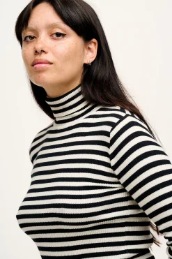 Lucy & Yak Aiden - Roll Neck Knitted Cotton Top in Black & White Stripe Hot