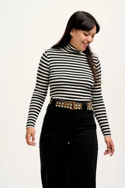 Lucy & Yak Aiden - Roll Neck Knitted Cotton Top in Black & White Stripe Hot