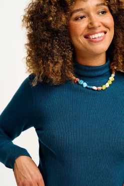 Lucy & Yak Aiden - Roll Neck Knitted Cotton Top in Twilight Blue Outlet