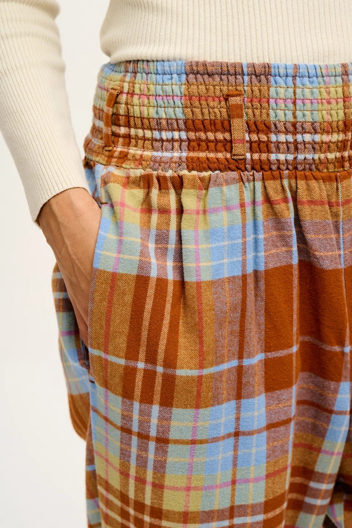 Lucy & Yak Alexa - Cotton Trousers in Brown & Blue Alastair Tartan Clearance