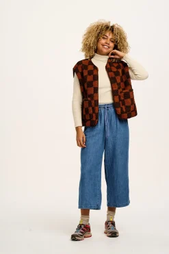 Lucy & Yak Aubrey - Borg Fleece Gilet in Terry Brown Check Print New