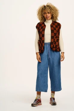 Lucy & Yak Aubrey - Borg Fleece Gilet in Terry Brown Check Print New