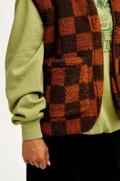 Lucy & Yak Aubrey - Borg Fleece Gilet in Terry Brown Check Print New