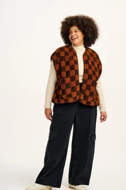 Lucy & Yak Aubrey - Borg Fleece Gilet in Terry Brown Check Print New