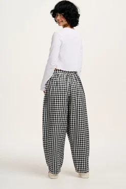 Lucy & Yak Beau - Balloon Brushed Cotton Trousers in Black & White Mono Gingham Print Best