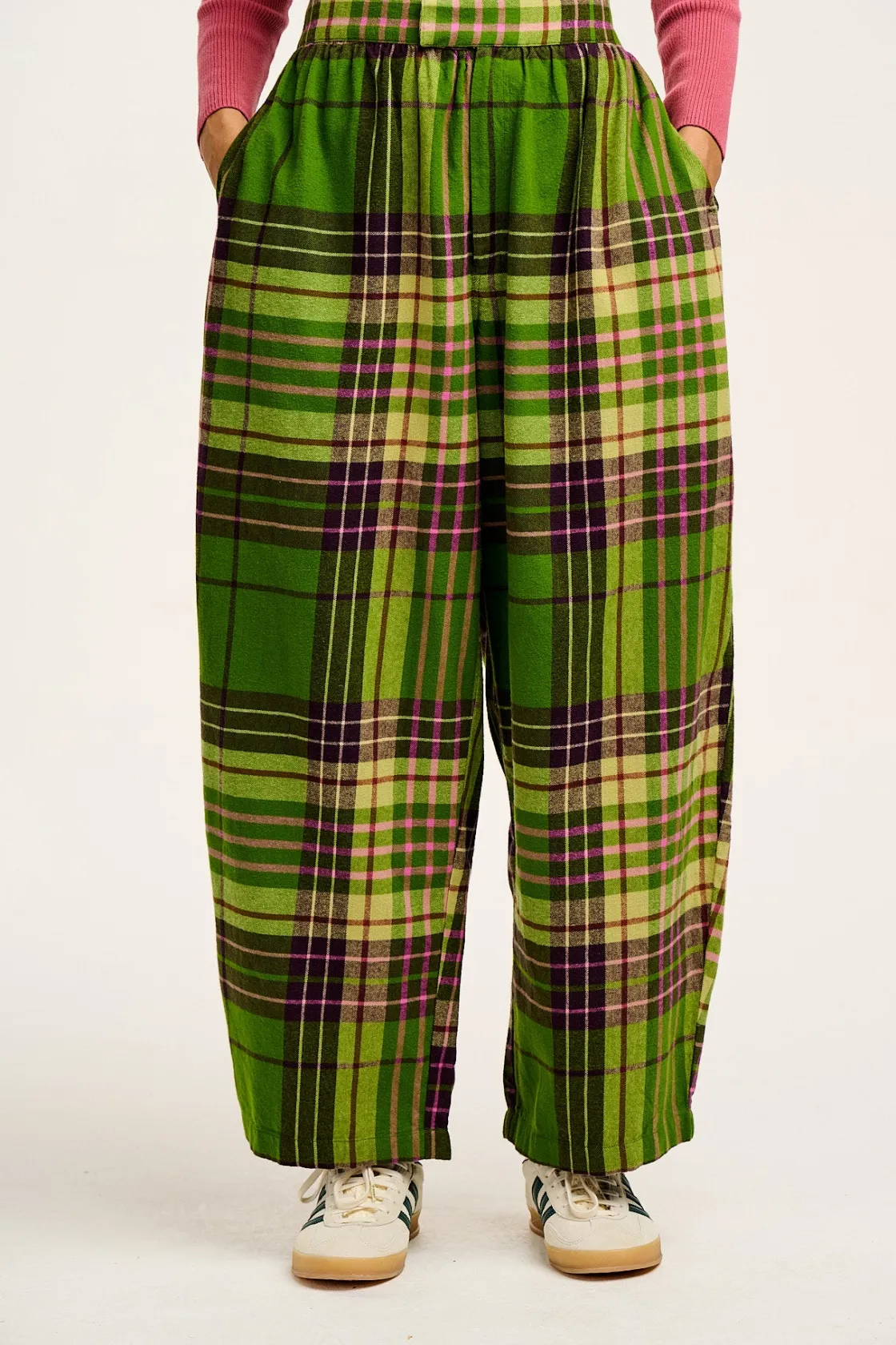 Lucy & Yak Beau - Balloon Brushed Cotton Trousers in Green Isla Tartan Print Clearance