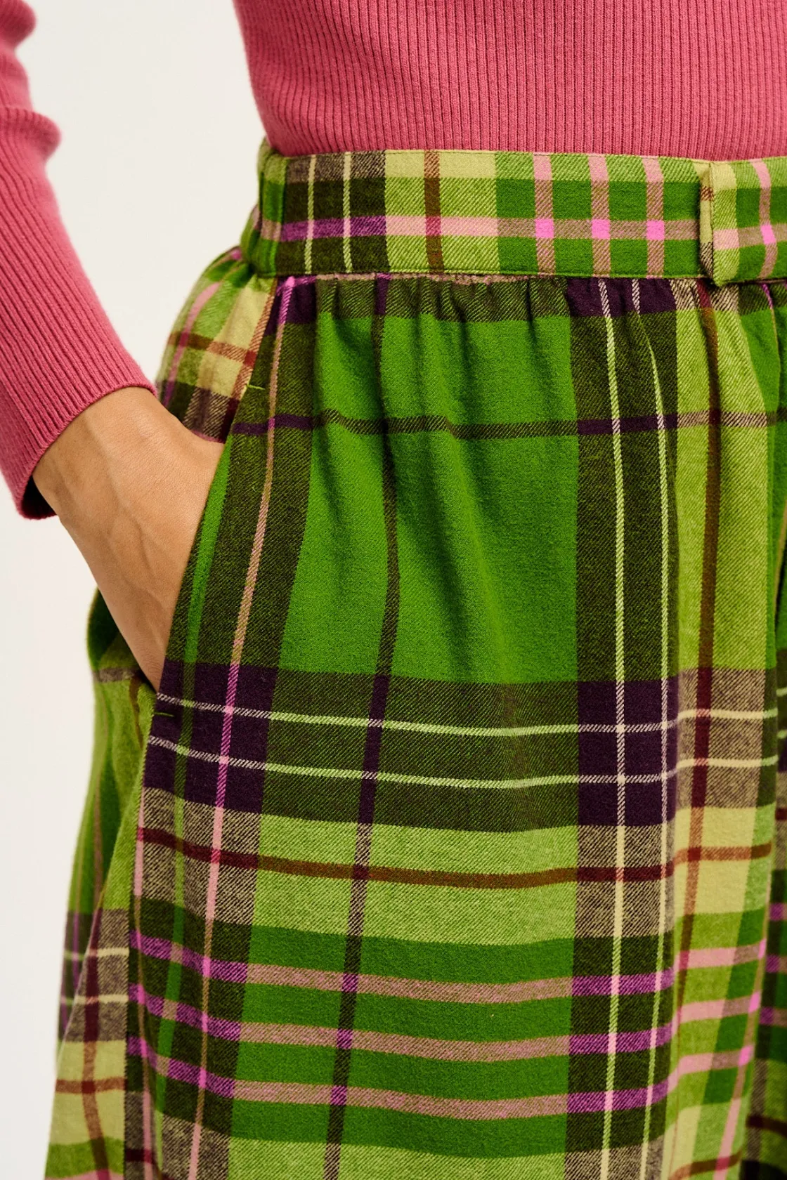 Lucy & Yak Beau - Balloon Brushed Cotton Trousers in Green Isla Tartan Print Clearance