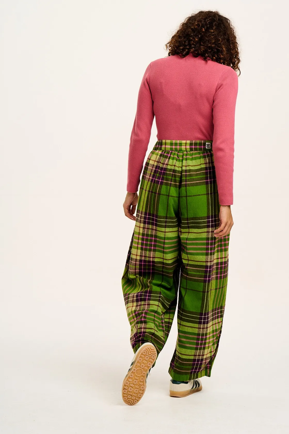Lucy & Yak Beau - Balloon Brushed Cotton Trousers in Green Isla Tartan Print Clearance