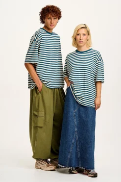 Lucy & Yak Benny - Oversized Cotton Tee in Blue & Ecru Stripe Fashion