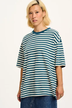 Lucy & Yak Benny - Oversized Cotton Tee in Blue & Ecru Stripe Fashion