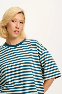 Lucy & Yak Benny - Oversized Cotton Tee in Blue & Ecru Stripe Fashion