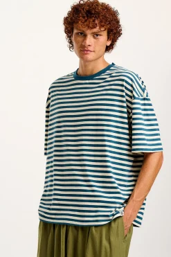 Lucy & Yak Benny - Oversized Cotton Tee in Blue & Ecru Stripe Fashion