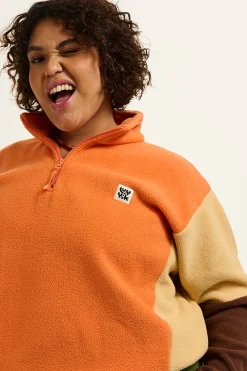Lucy & Yak Blake - Cropped Polar Fleece in Orange, Cream & Brown Outlet