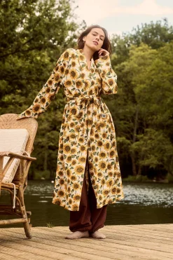 Lucy & Yak Braydon - Waffle Cotton Robe in Cream Sunflower Print Outlet