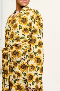 Lucy & Yak Braydon - Waffle Cotton Robe in Cream Sunflower Print Outlet