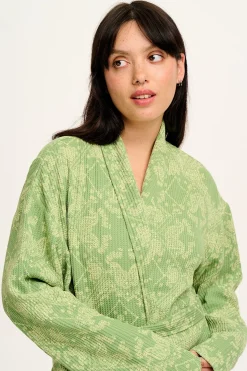 Lucy & Yak Braydon - Waffle Cotton Robe in Green Eldorado Print Best