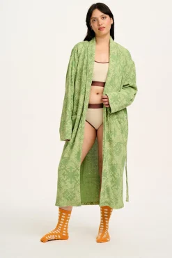 Lucy & Yak Braydon - Waffle Cotton Robe in Green Eldorado Print Best