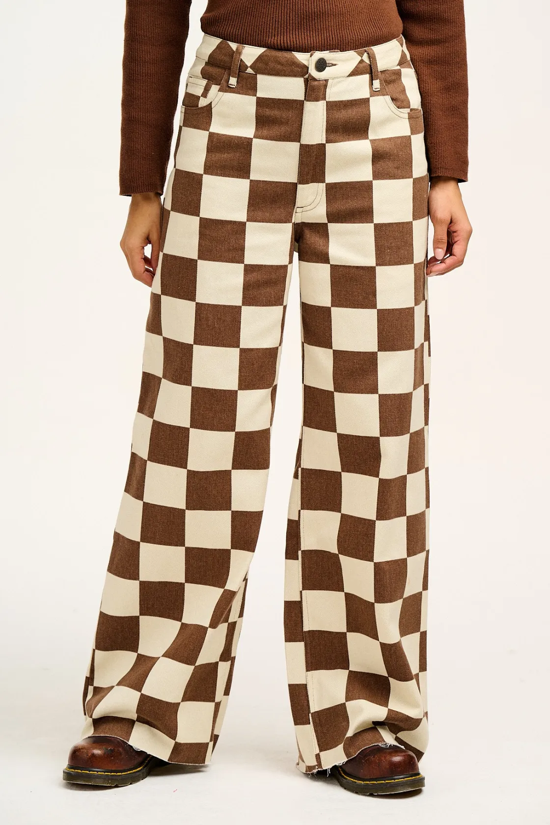 Lucy & Yak Carter - High Waisted Jeans in Cookies & Cream Checkerboard Print Hot
