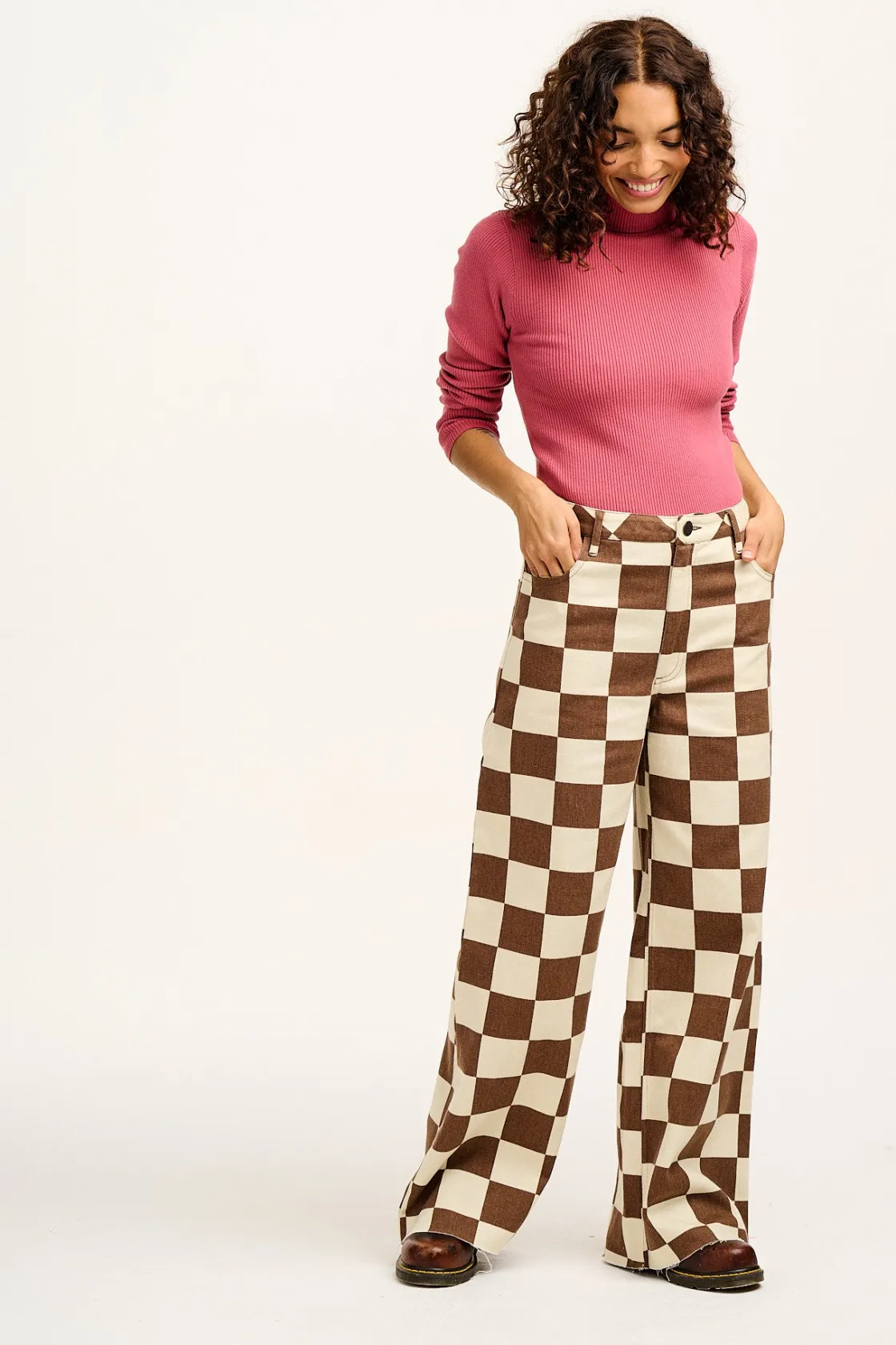 Lucy & Yak Carter - High Waisted Jeans in Cookies & Cream Checkerboard Print Hot