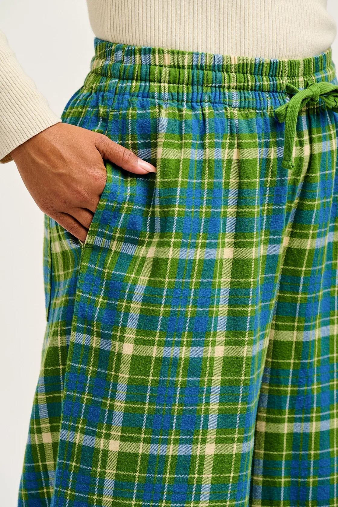 Lucy & Yak Chuck - Wide Leg Cotton Trousers in Green & Blue Elsie Tartan Print Sale