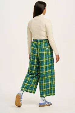 Lucy & Yak Chuck - Wide Leg Cotton Trousers in Green & Blue Elsie Tartan Print Sale