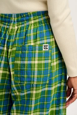Lucy & Yak Chuck - Wide Leg Cotton Trousers in Green & Blue Elsie Tartan Print Sale