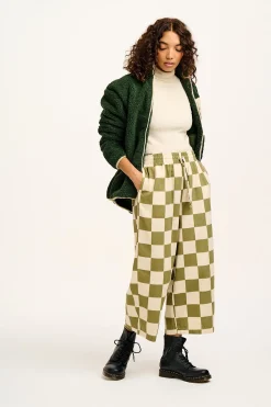Lucy & Yak Chuck - Wide Leg Cotton Trousers in Pistachio Green Checkerboard Print Online