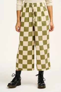 Lucy & Yak Chuck - Wide Leg Cotton Trousers in Pistachio Green Checkerboard Print Online