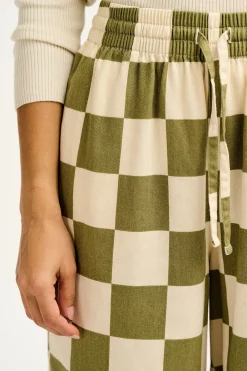 Lucy & Yak Chuck - Wide Leg Cotton Trousers in Pistachio Green Checkerboard Print Online