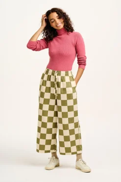 Lucy & Yak Chuck - Wide Leg Cotton Trousers in Pistachio Green Checkerboard Print Online