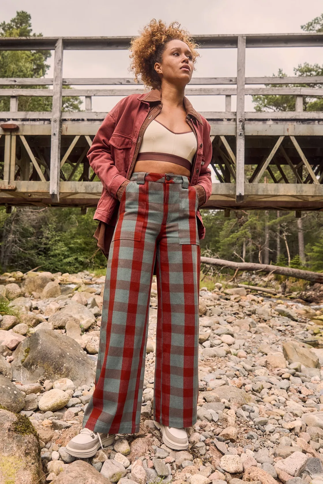 Lucy & Yak Delores - Wide Leg Twill Jeans in Green & Red Houston Tartan Print Best