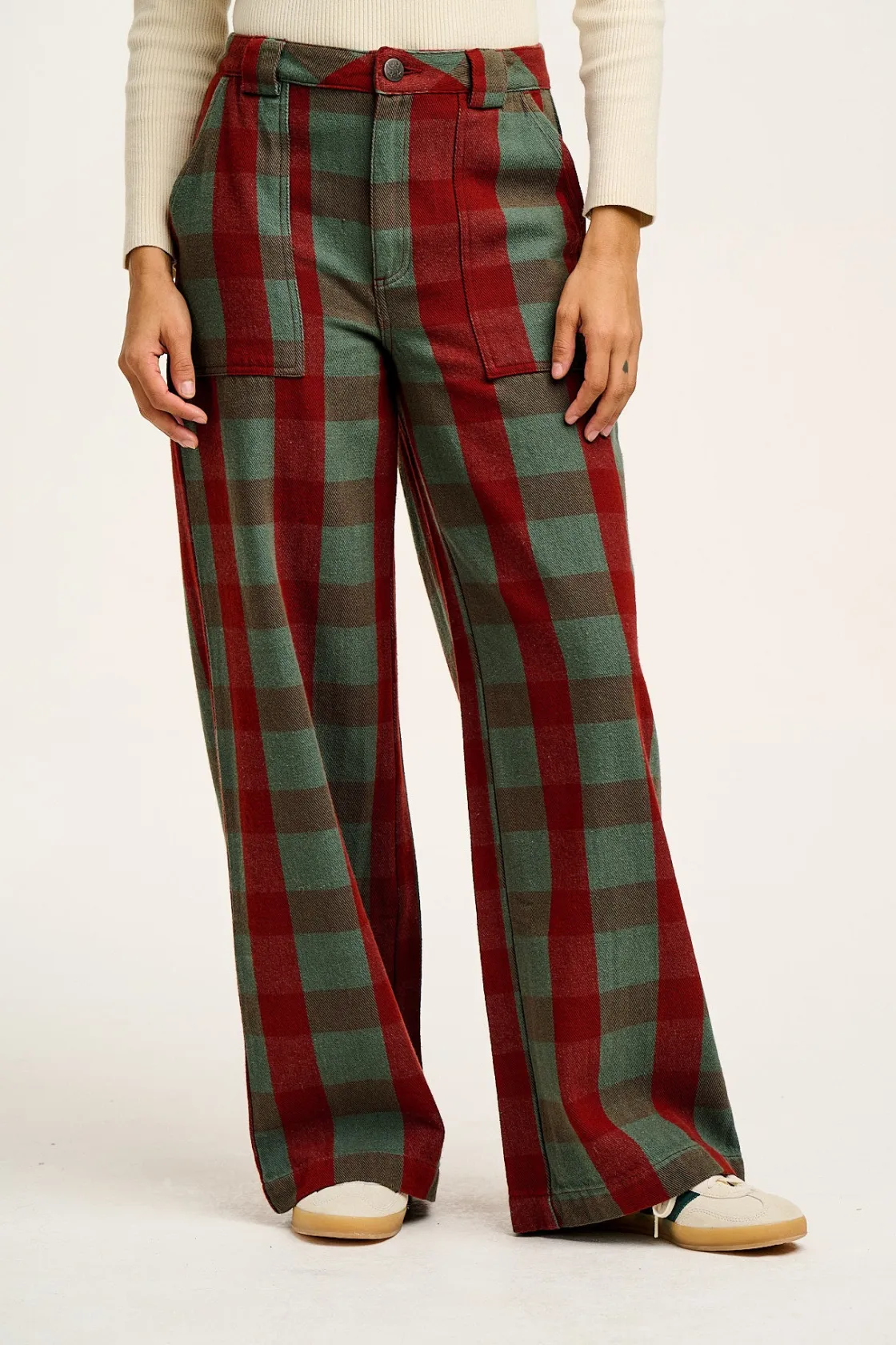 Lucy & Yak Delores - Wide Leg Twill Jeans in Green & Red Houston Tartan Print Best