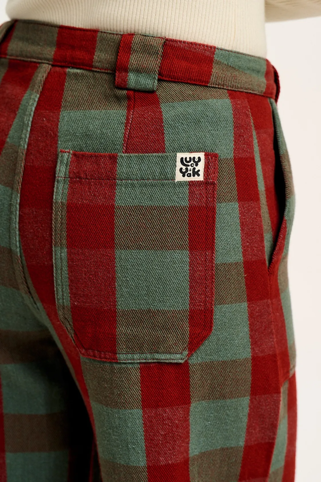 Lucy & Yak Delores - Wide Leg Twill Jeans in Green & Red Houston Tartan Print Best