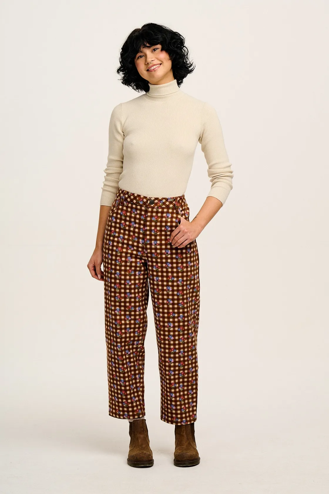 Lucy & Yak Drew - Straight Leg Twill Trousers in Meryl Check Print Clearance