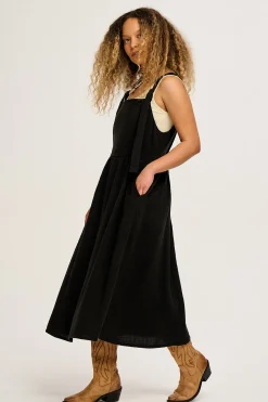 Lucy & Yak Faye - Midi Cotton Gauze Dress in Black Hot