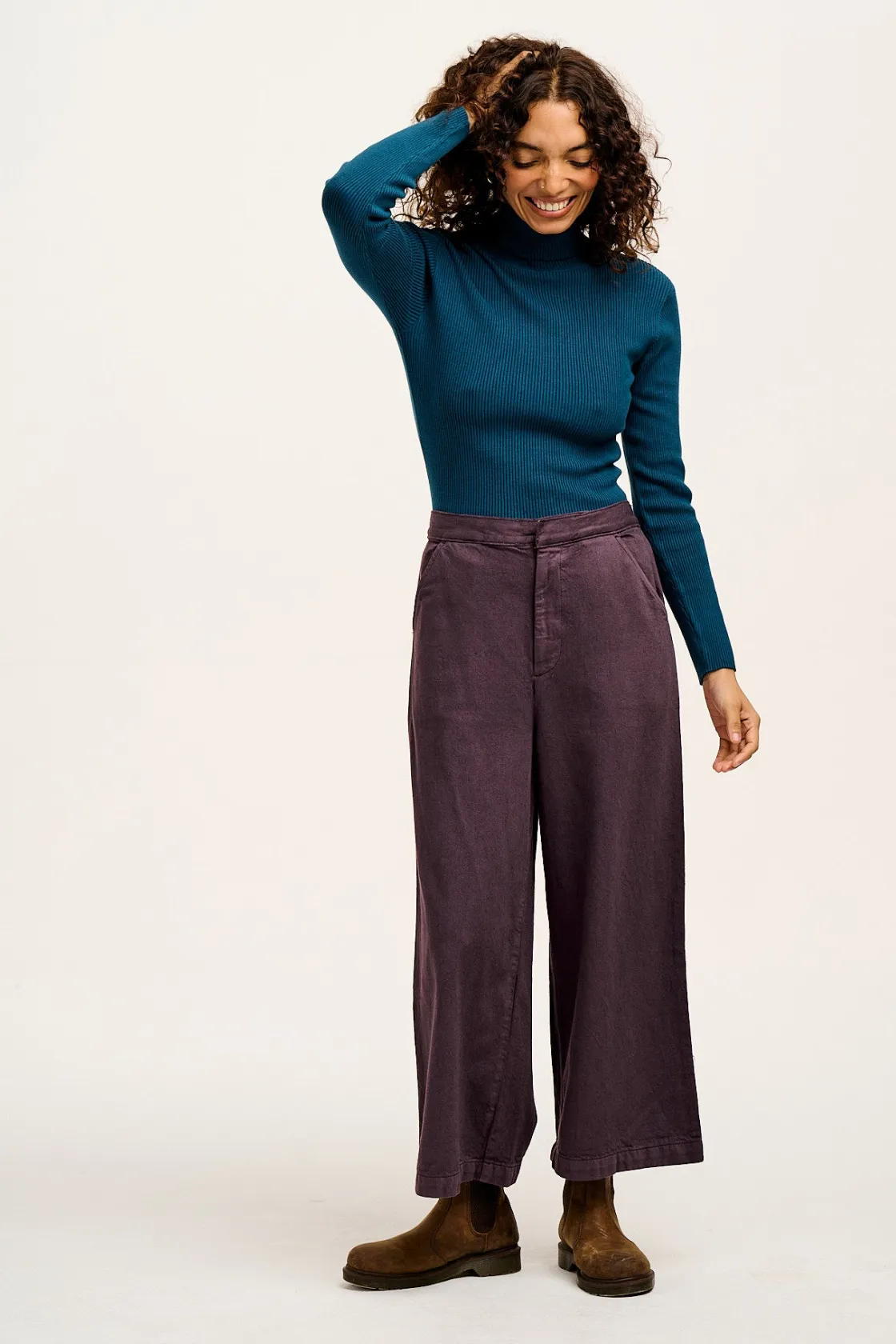 Lucy & Yak Halston - Wide leg Cotton & Hemp Trousers in Plum Perfect Purple Discount