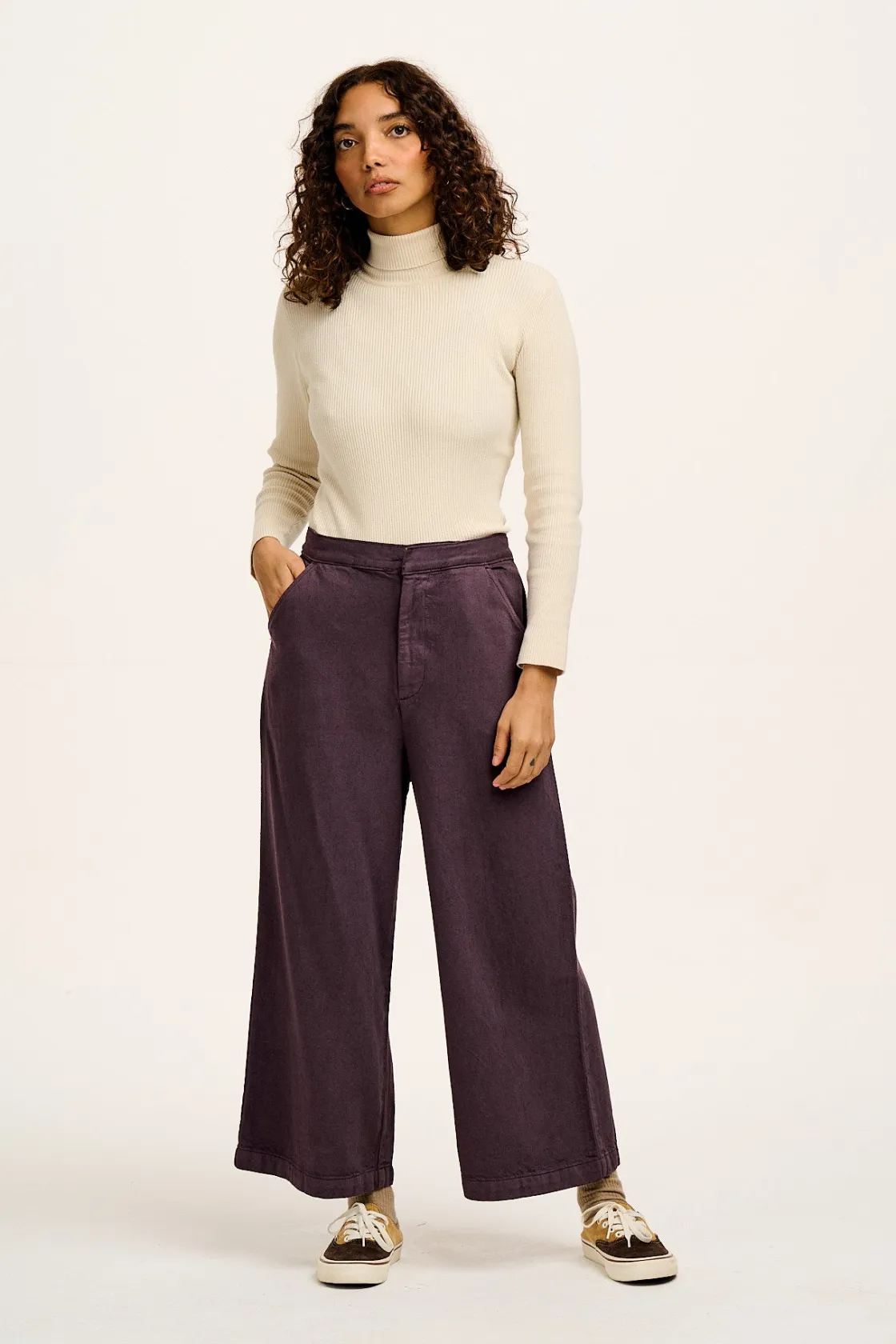 Lucy & Yak Halston - Wide leg Cotton & Hemp Trousers in Plum Perfect Purple Discount