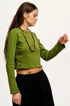 Lucy & Yak Hansel - Long Sleeve Cotton Top in Pesto Green Online
