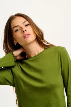 Lucy & Yak Hansel - Long Sleeve Cotton Top in Pesto Green Online