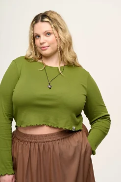 Lucy & Yak Hansel - Long Sleeve Cotton Top in Pesto Green Online