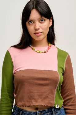Lucy & Yak Hansel - Long Sleeve Cotton Top in Khaki, Brown & Rose Pink New