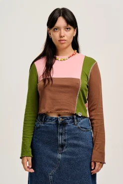 Lucy & Yak Hansel - Long Sleeve Cotton Top in Khaki, Brown & Rose Pink New