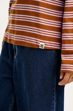 Lucy & Yak Hermione - Fluted Cotton Top in Lilac & Brown Stripe Fashion