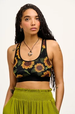 Lucy & Yak Iona - Racer Back Cotton & Bamboo Crop Top in Sunflower Print Sale