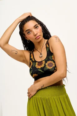 Lucy & Yak Iona - Racer Back Cotton & Bamboo Crop Top in Sunflower Print Sale