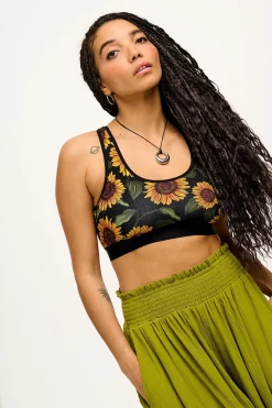 Lucy & Yak Iona - Racer Back Cotton & Bamboo Crop Top in Sunflower Print Sale