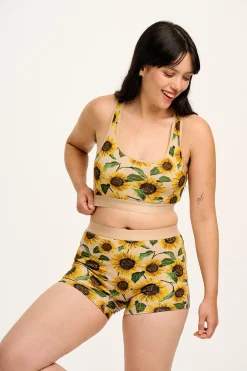 Lucy & Yak Iona - Racer Back Cotton & Bamboo Crop Top in Cream Sunflower Print Outlet