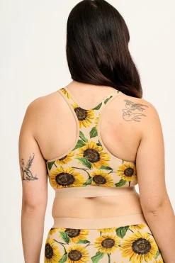 Lucy & Yak Iona - Racer Back Cotton & Bamboo Crop Top in Cream Sunflower Print Outlet